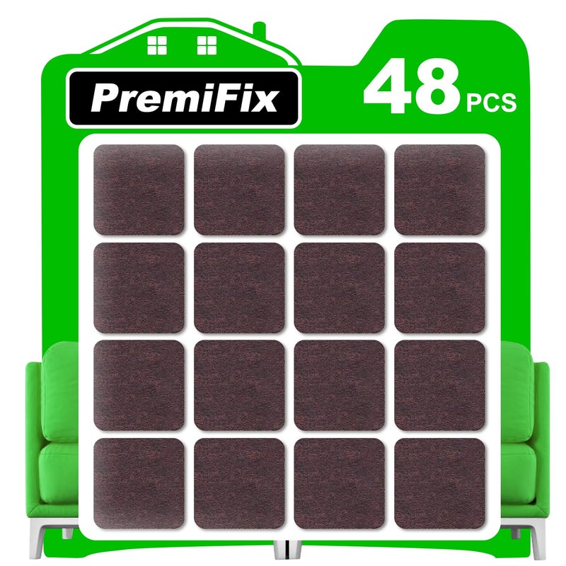 PremiFix Square Felt Pads for Chair Legs, Square Felt Furniture Pads 1 inch 48 Pieces Pack Brown, Furniture Pads for Hardwood Floor 5mm Thick - Image 1